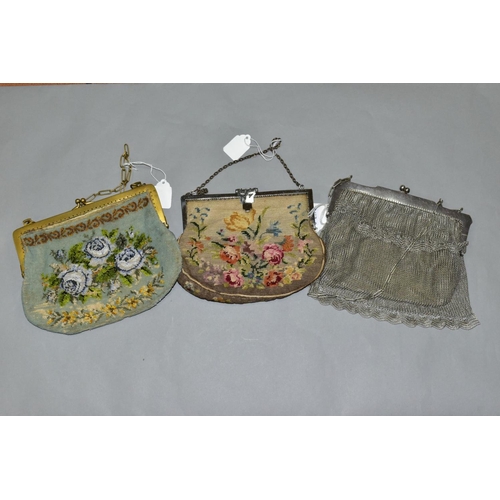 527 - THREE LADIES EVENING BAGS, comprising a chainmail example-no obvious damage, a bead work bag with lo... 