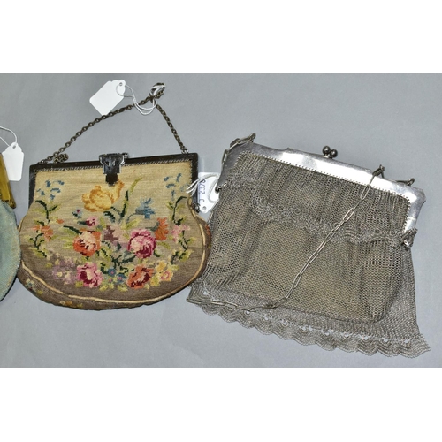 527 - THREE LADIES EVENING BAGS, comprising a chainmail example-no obvious damage, a bead work bag with lo... 