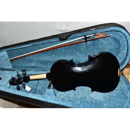 528 - A BLACK PAINTED FORENZA VIOLIN, IN FITTED CASE, together with unbranded bow, total length of violin ... 