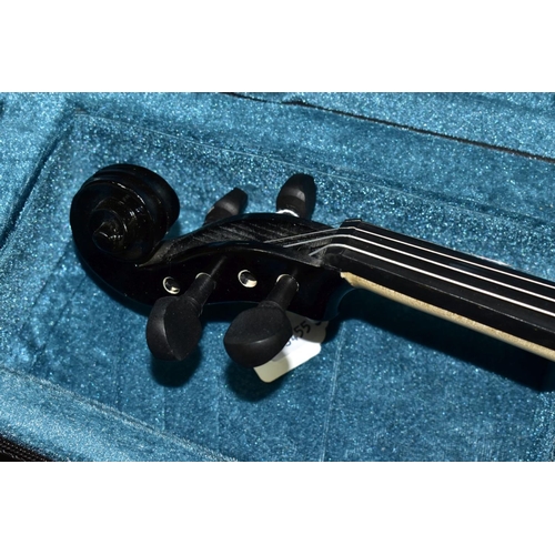 528 - A BLACK PAINTED FORENZA VIOLIN, IN FITTED CASE, together with unbranded bow, total length of violin ... 