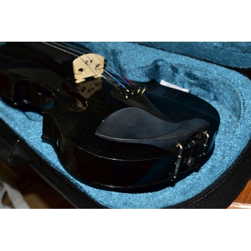 528 - A BLACK PAINTED FORENZA VIOLIN, IN FITTED CASE, together with unbranded bow, total length of violin ... 