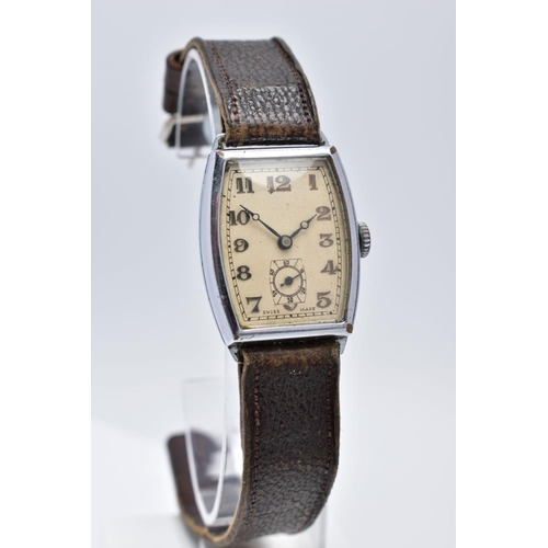 53 - A GENTS WRISTWATCH, curved rectangular cream dial, Arabic numerals, with a seconds subsidiary dial a... 