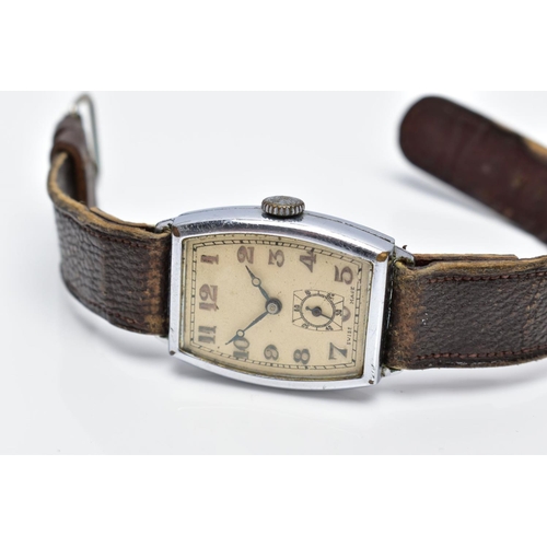 53 - A GENTS WRISTWATCH, curved rectangular cream dial, Arabic numerals, with a seconds subsidiary dial a... 