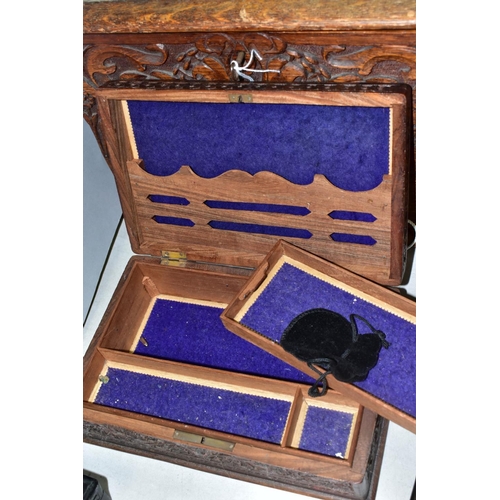 533 - AN EARLY 20TH CENTURY CARVED OAK BOX AND TWO LATE 19TH/EARLY 20TH CENTURY INDIAN BOXES, the oak box ... 