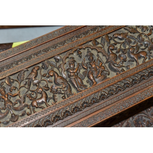 533 - AN EARLY 20TH CENTURY CARVED OAK BOX AND TWO LATE 19TH/EARLY 20TH CENTURY INDIAN BOXES, the oak box ... 