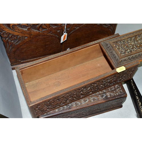 533 - AN EARLY 20TH CENTURY CARVED OAK BOX AND TWO LATE 19TH/EARLY 20TH CENTURY INDIAN BOXES, the oak box ... 