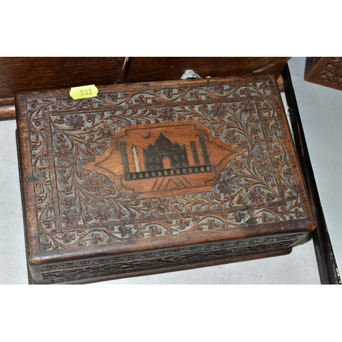 533 - AN EARLY 20TH CENTURY CARVED OAK BOX AND TWO LATE 19TH/EARLY 20TH CENTURY INDIAN BOXES, the oak box ... 