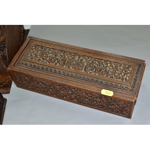 533 - AN EARLY 20TH CENTURY CARVED OAK BOX AND TWO LATE 19TH/EARLY 20TH CENTURY INDIAN BOXES, the oak box ... 