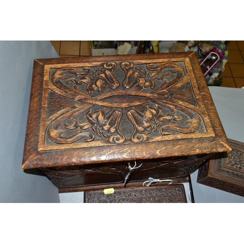 533 - AN EARLY 20TH CENTURY CARVED OAK BOX AND TWO LATE 19TH/EARLY 20TH CENTURY INDIAN BOXES, the oak box ... 