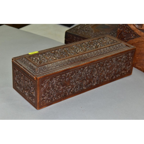 533 - AN EARLY 20TH CENTURY CARVED OAK BOX AND TWO LATE 19TH/EARLY 20TH CENTURY INDIAN BOXES, the oak box ... 