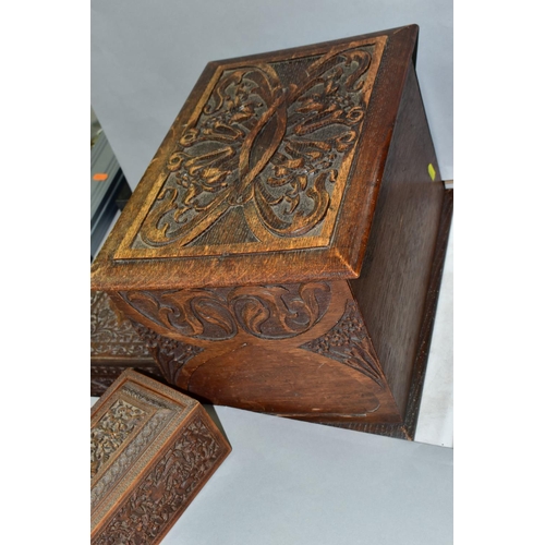 533 - AN EARLY 20TH CENTURY CARVED OAK BOX AND TWO LATE 19TH/EARLY 20TH CENTURY INDIAN BOXES, the oak box ... 