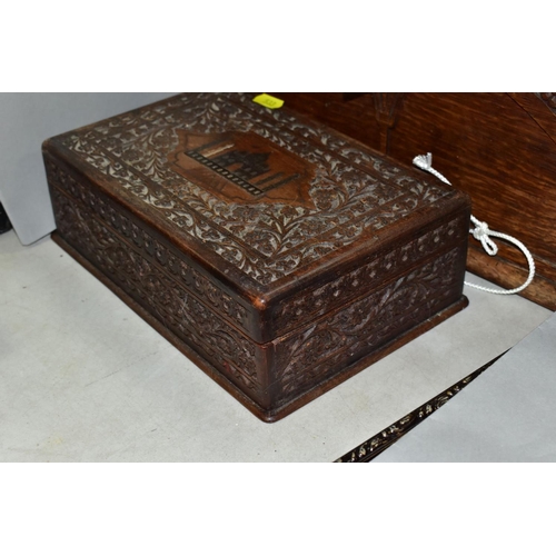 533 - AN EARLY 20TH CENTURY CARVED OAK BOX AND TWO LATE 19TH/EARLY 20TH CENTURY INDIAN BOXES, the oak box ... 