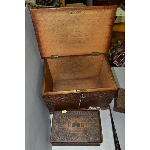 533 - AN EARLY 20TH CENTURY CARVED OAK BOX AND TWO LATE 19TH/EARLY 20TH CENTURY INDIAN BOXES, the oak box ... 