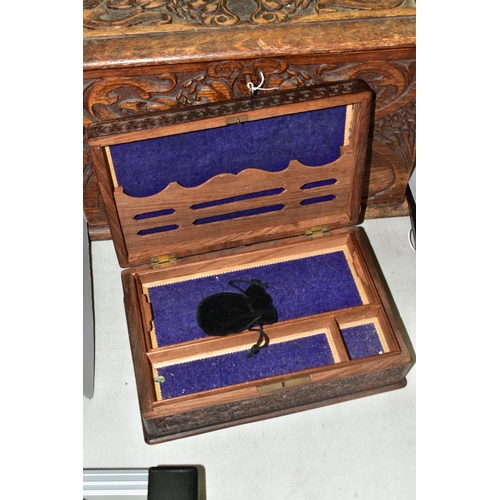 533 - AN EARLY 20TH CENTURY CARVED OAK BOX AND TWO LATE 19TH/EARLY 20TH CENTURY INDIAN BOXES, the oak box ... 