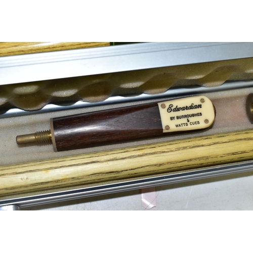 535 - TWO CASED CUES, two piece 'Edwardian' by Burroughes & Watts Cues which has been altered to accept an... 