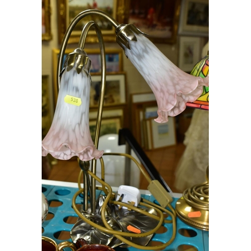 538 - TWO PAIRS OF REPRODUCTION ART NOUVEAU STYLE TABLE LAMPS, comprising a pair with lily pad bases and t... 