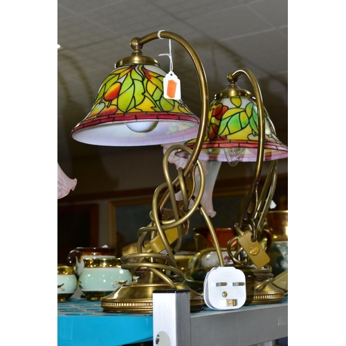 538 - TWO PAIRS OF REPRODUCTION ART NOUVEAU STYLE TABLE LAMPS, comprising a pair with lily pad bases and t... 