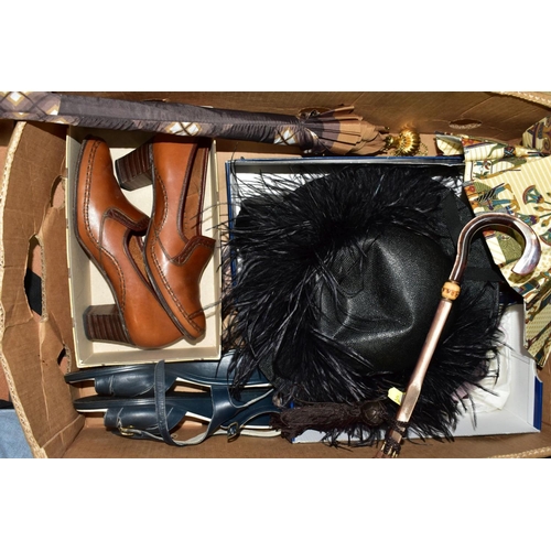 544 - TWO BOXES OF HANDBAGS, BELTS, LADIES SHOES, UMBRELLAS, etc, to include leather purse, snakeskin hand... 