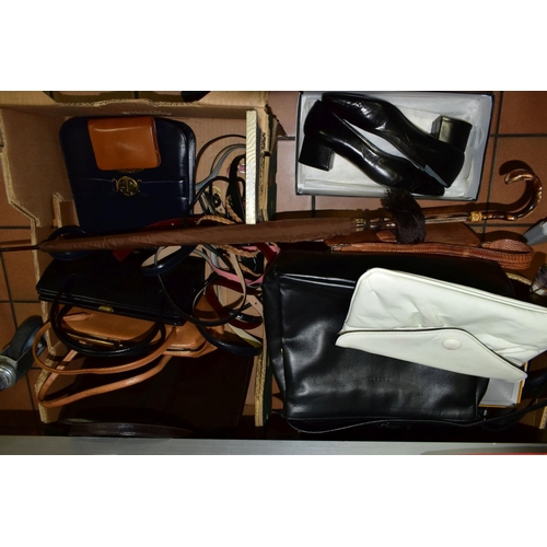 544 - TWO BOXES OF HANDBAGS, BELTS, LADIES SHOES, UMBRELLAS, etc, to include leather purse, snakeskin hand... 