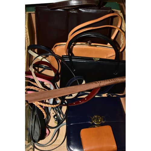 544 - TWO BOXES OF HANDBAGS, BELTS, LADIES SHOES, UMBRELLAS, etc, to include leather purse, snakeskin hand... 