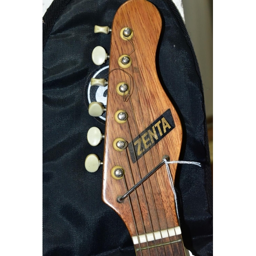 545 - A 1970'S ZENTA TELECASTER STYLE GUITAR with mahogany neck, rosewood fingerboard, sunburst body, two ... 