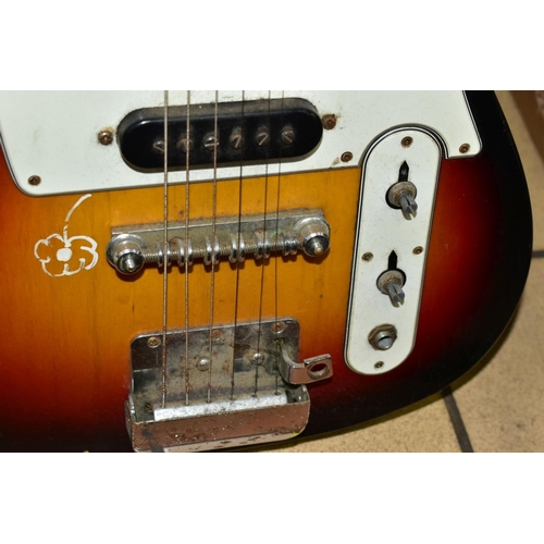 545 - A 1970'S ZENTA TELECASTER STYLE GUITAR with mahogany neck, rosewood fingerboard, sunburst body, two ... 