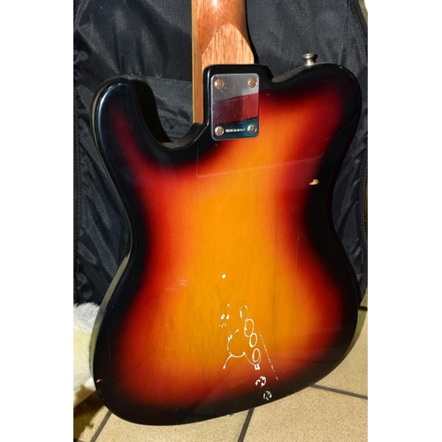 545 - A 1970'S ZENTA TELECASTER STYLE GUITAR with mahogany neck, rosewood fingerboard, sunburst body, two ... 