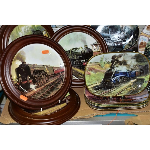 546 - THIRTY TWO STEAM LOCOMOTIVE THEMED COLLECTORS PLATES, to include four Kingsley plates in wooden fram... 