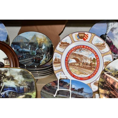 546 - THIRTY TWO STEAM LOCOMOTIVE THEMED COLLECTORS PLATES, to include four Kingsley plates in wooden fram... 