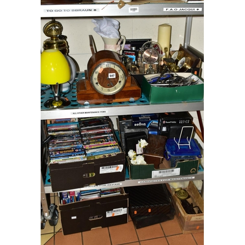 547 - FOUR BOXES AND LOOSE SUNDRY ITEMS, etc, to include chiming mantle clock - runs briefly when wound, c... 