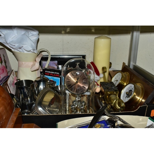 547 - FOUR BOXES AND LOOSE SUNDRY ITEMS, etc, to include chiming mantle clock - runs briefly when wound, c... 