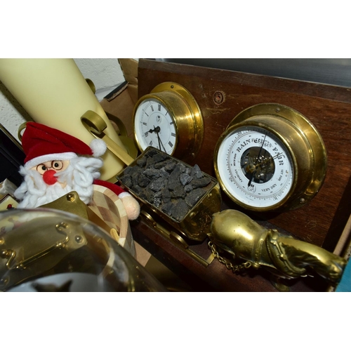 547 - FOUR BOXES AND LOOSE SUNDRY ITEMS, etc, to include chiming mantle clock - runs briefly when wound, c... 