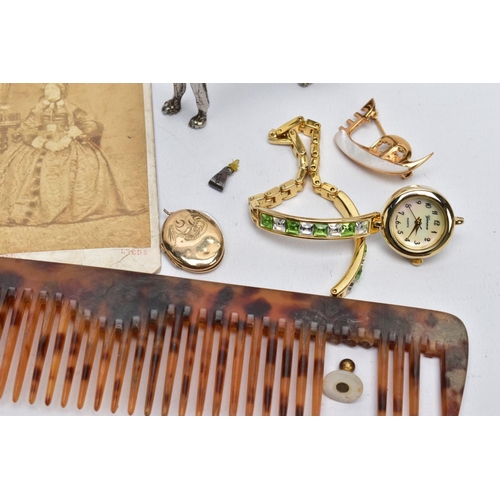 55 - A BOX OF MISCELLANEOUS ITEMS, to include a yellow gold V-shape ring with missing stone, hallmarked 9... 