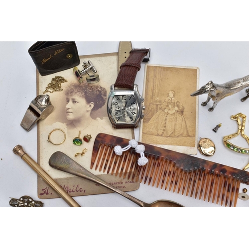 55 - A BOX OF MISCELLANEOUS ITEMS, to include a yellow gold V-shape ring with missing stone, hallmarked 9... 