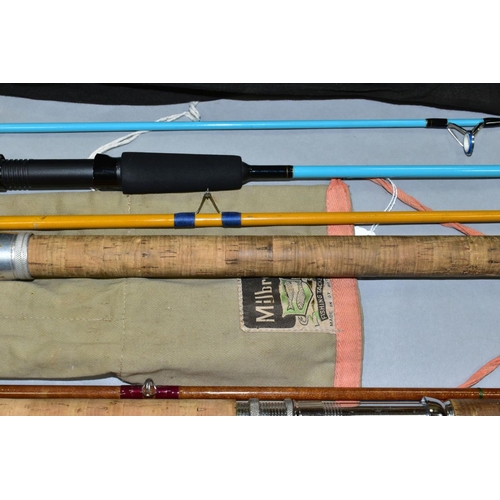 550 - A BUNDLE OF FIVE ASSORTED FISHING RODS, including a Bennetts of Sheffield 12½ft three section painte... 