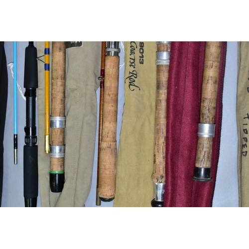 550 - A BUNDLE OF FIVE ASSORTED FISHING RODS, including a Bennetts of Sheffield 12½ft three section painte... 