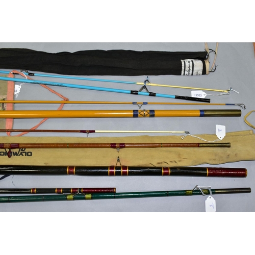 550 - A BUNDLE OF FIVE ASSORTED FISHING RODS, including a Bennetts of Sheffield 12½ft three section painte... 