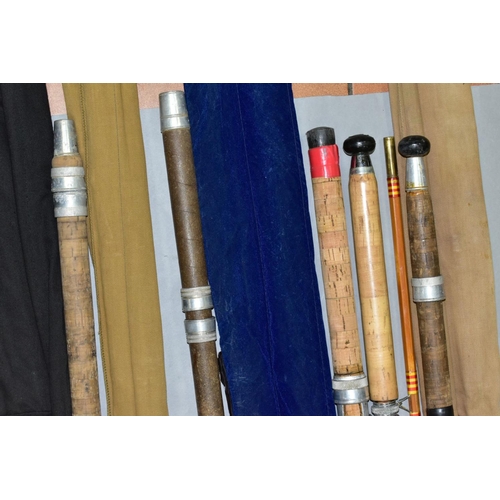 551 - A BUNDLE OF FIVE CANE FISHING RODS, comprising a cane Anonshaw Amesbury two section rod, cork handle... 