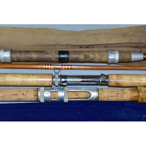 551 - A BUNDLE OF FIVE CANE FISHING RODS, comprising a cane Anonshaw Amesbury two section rod, cork handle... 