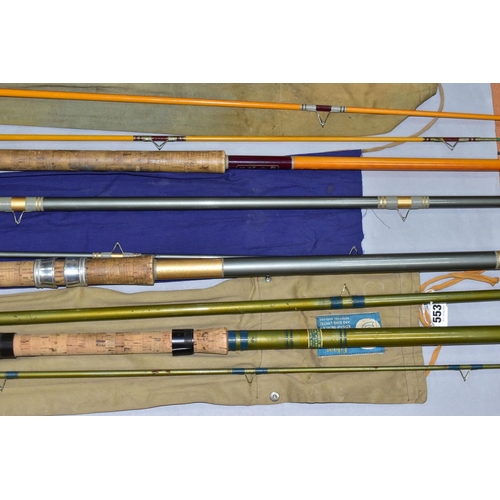 553 - THREE SEALEY FISHING RODS, comprising a three section Blue Match 2 float rod, a two section (two tip... 