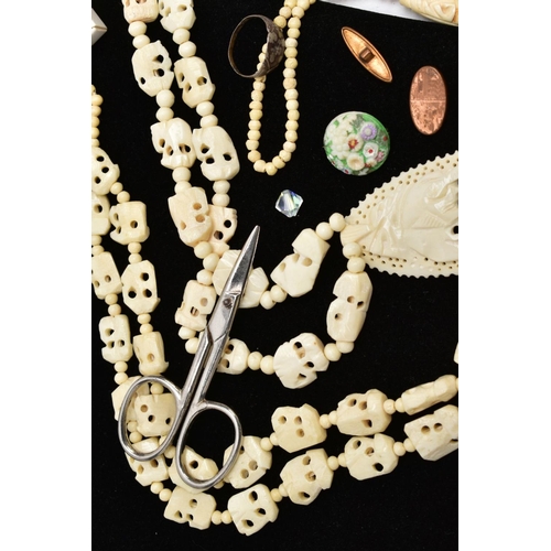 56 - A SELECTION OF CARVED BONE BEAD NECKLACES, PAIR OF MANICURE SCISSORS, A KEYRING, SILVER CROSS PENDAN... 