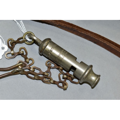 565 - A J. HUDSON & CO BIRMINGHAM 'THE METROPOLITAN' WHISTLE, on a chain, with a wooden truncheon, unmarke... 