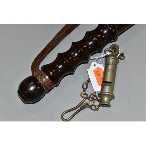 565 - A J. HUDSON & CO BIRMINGHAM 'THE METROPOLITAN' WHISTLE, on a chain, with a wooden truncheon, unmarke... 