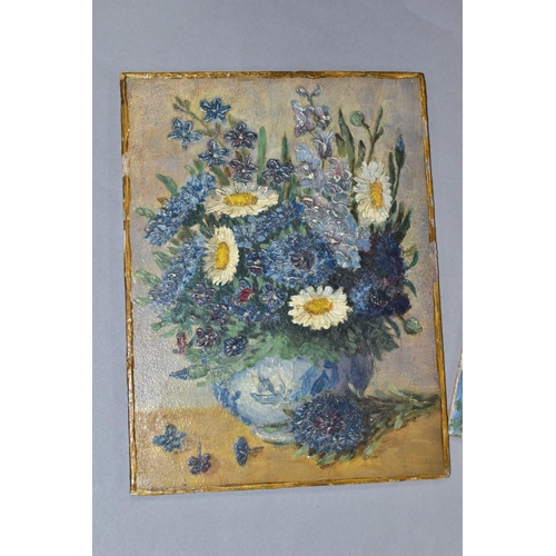 566 - TWO STILL LIFE PAINTINGS, depicting cottage garden flowers, unsigned oils on board, largest size app... 