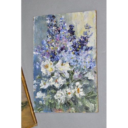 566 - TWO STILL LIFE PAINTINGS, depicting cottage garden flowers, unsigned oils on board, largest size app... 