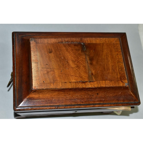 572 - A MAHOGANY SARCOPHAGUS SHAPED TEA CADDY, missing interior and crack to top, width 23cm x depth 15.5c... 