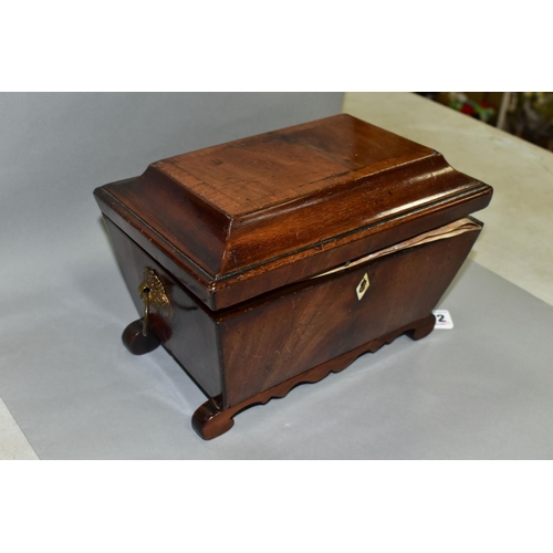 572 - A MAHOGANY SARCOPHAGUS SHAPED TEA CADDY, missing interior and crack to top, width 23cm x depth 15.5c... 