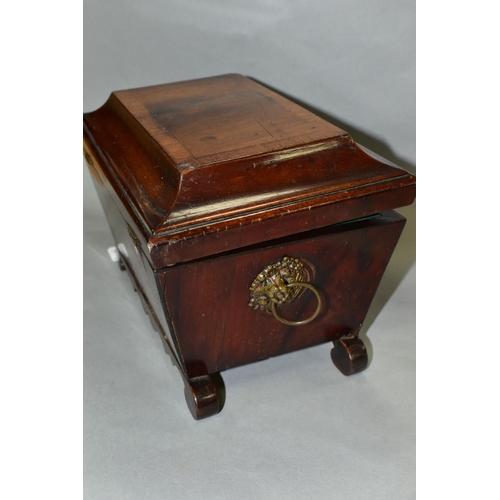 572 - A MAHOGANY SARCOPHAGUS SHAPED TEA CADDY, missing interior and crack to top, width 23cm x depth 15.5c... 