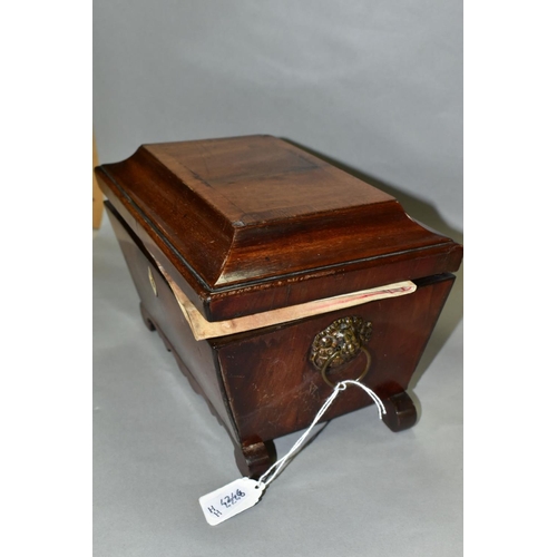 572 - A MAHOGANY SARCOPHAGUS SHAPED TEA CADDY, missing interior and crack to top, width 23cm x depth 15.5c... 