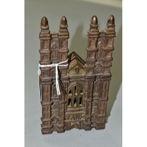 583 - A CAST IRON MONEY BOX, in the form of a twin towered Gothic Cathedral , marked bank to front, flat V... 